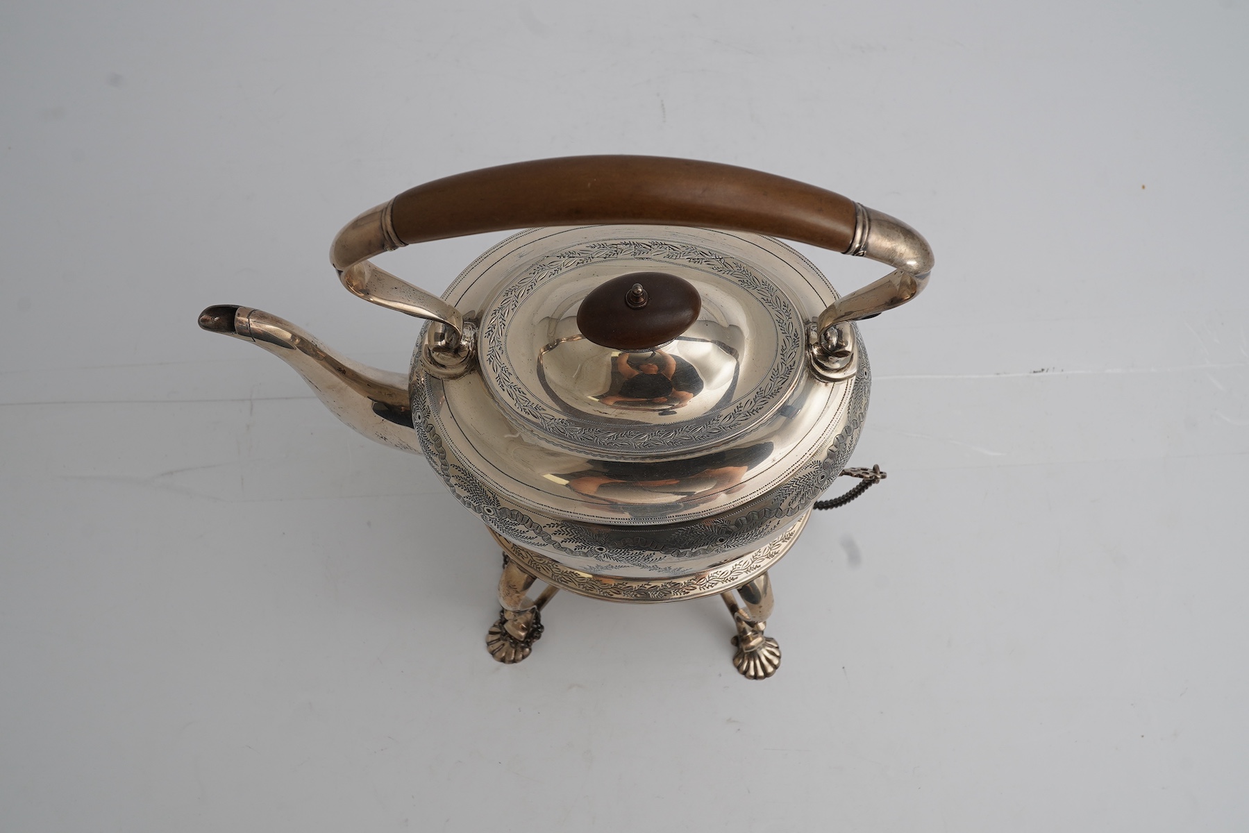 A George V silver oval tea kettle on stand with plated burner, Crichton Brothers